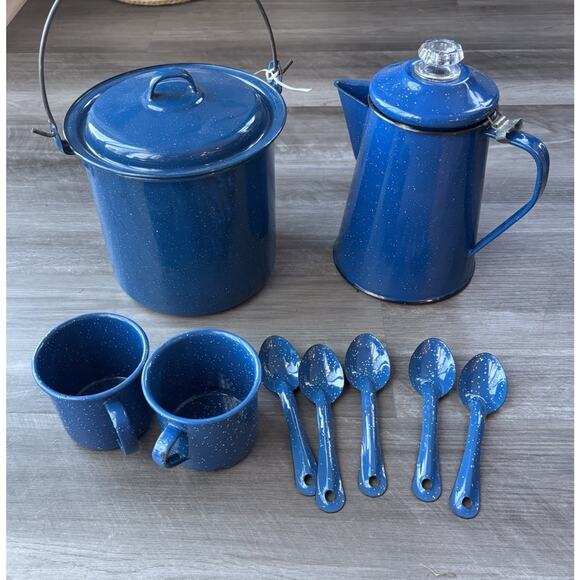 Blue Enamel Camping Set Pot Mugs Coffee Pot Spoons Enamelware